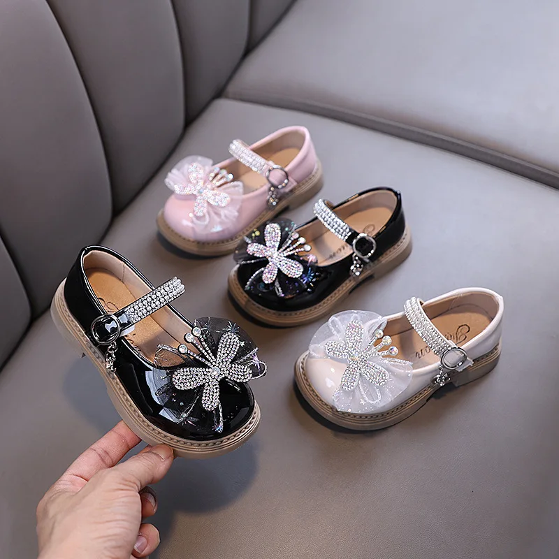 

2025 Spring New Children's Leather Shoes Fashion Butterfly Baby Girl Princess Shoes Soft Soled Non Slip Kid's Casual Shoes