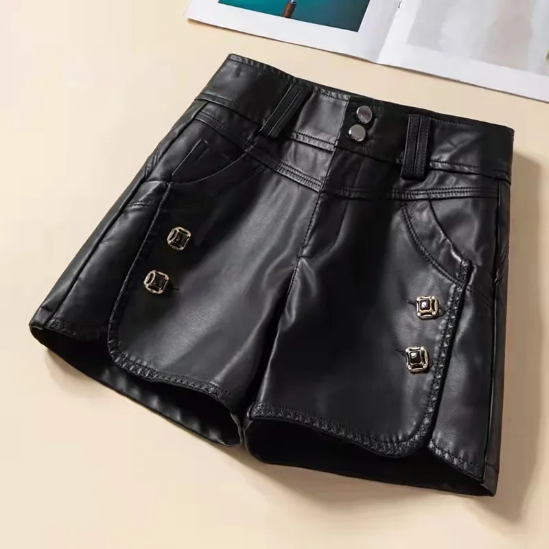 

Simplicity Office Lady Autumn Winter Women Solid Zipper Button Pockets Korean High Waist Slim A-line PU Leather Shorts S301