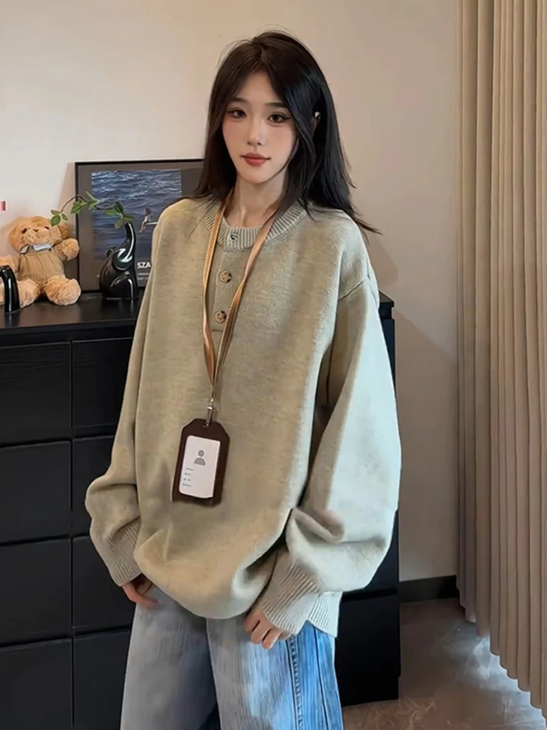 

Мужской трикотажный свитер с воротником-стойкой (хенли), однотонный, осенне-зимний, повседневный, свободного кроя, для ношения как базовая одежда или как верхняя одежда для пар.