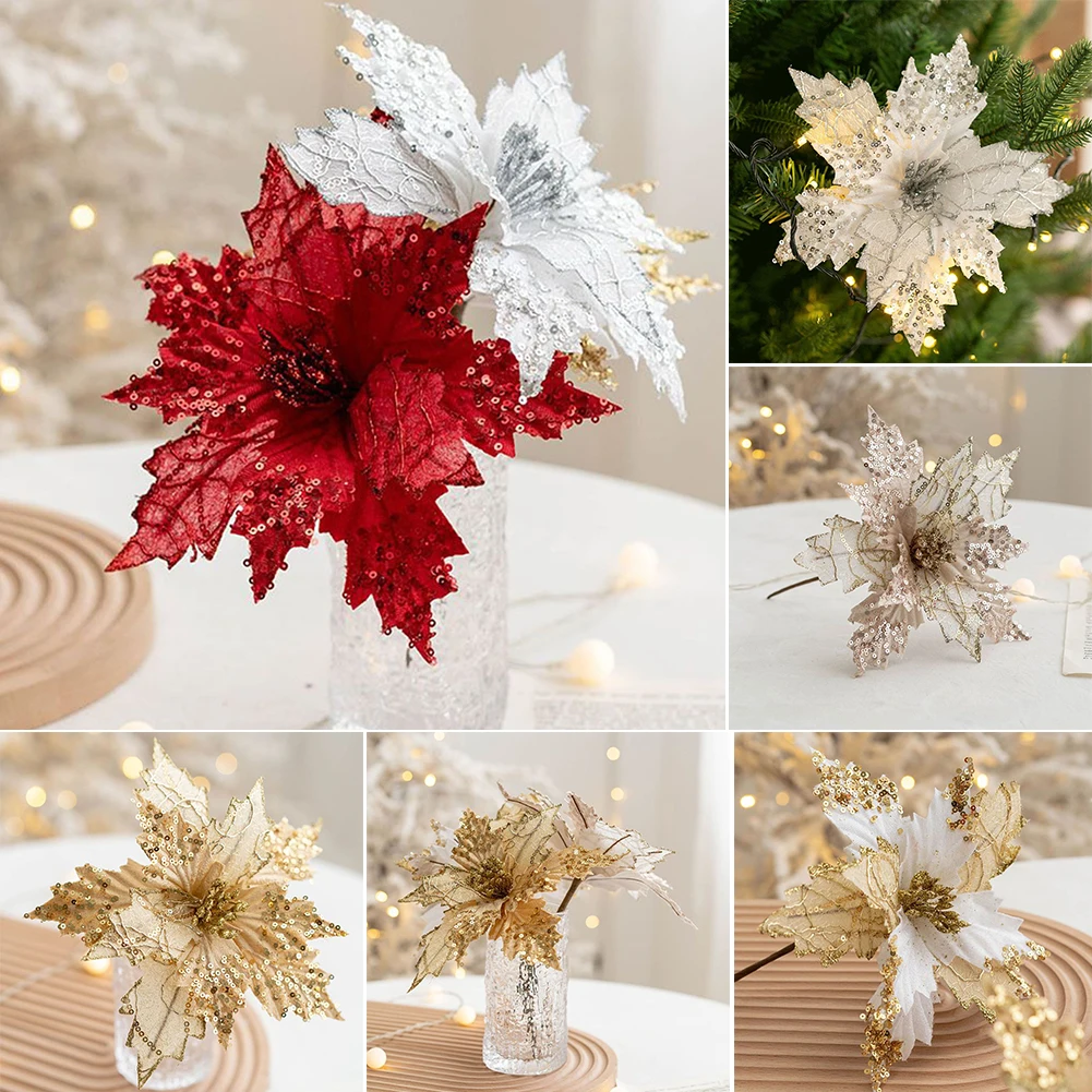 Christmas Poinsettia Glitter Artificial Flowers Christmas Tree Wreaths Rattan Pendant Party Decoration For Home Garden Decor