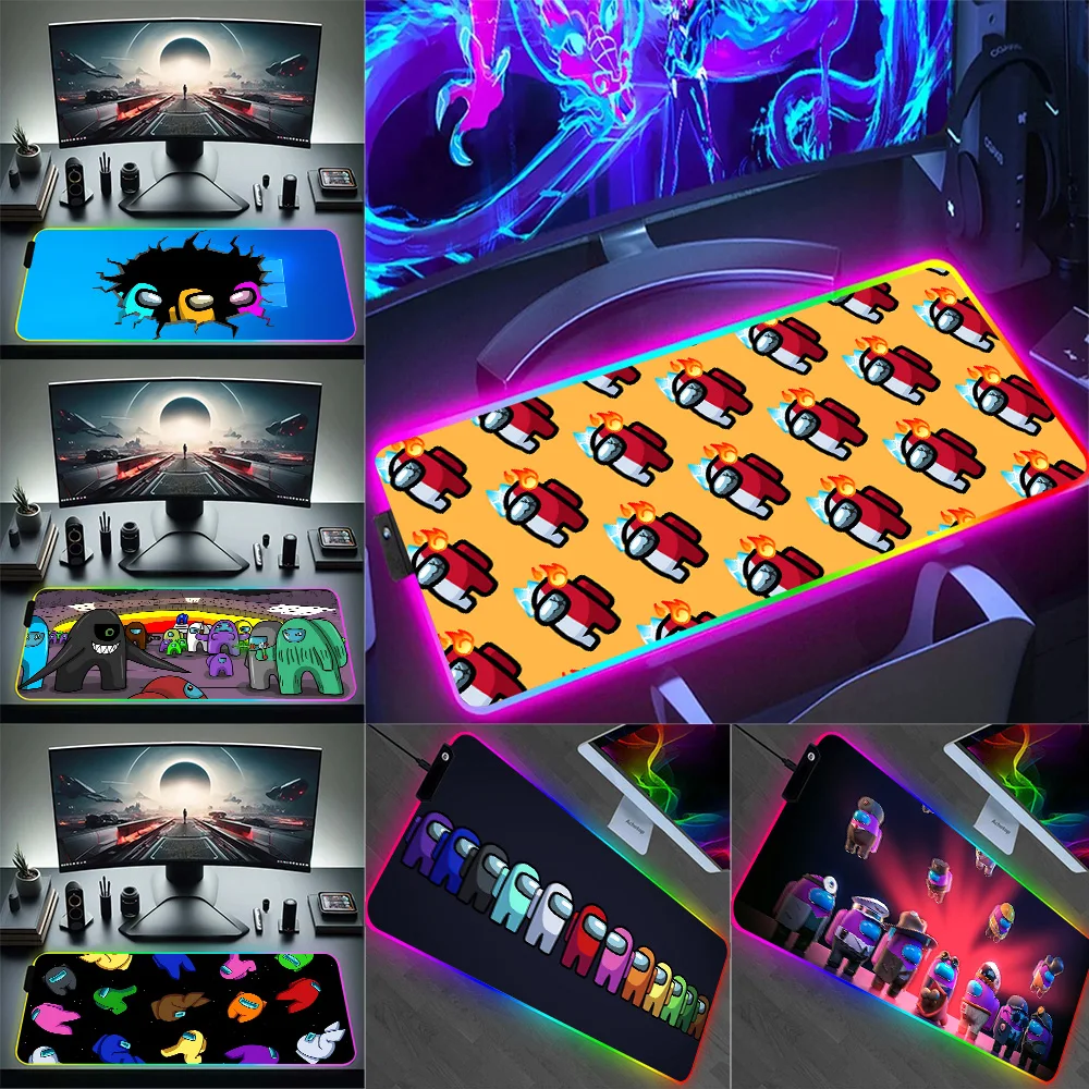 Cartoon Game A-Amongs Anger Eyes RGB Pc Gamer Keyboard Mouse Pad Mousepad LED Glowing Mouse Mats Rubber Gaming Computer Mausepad