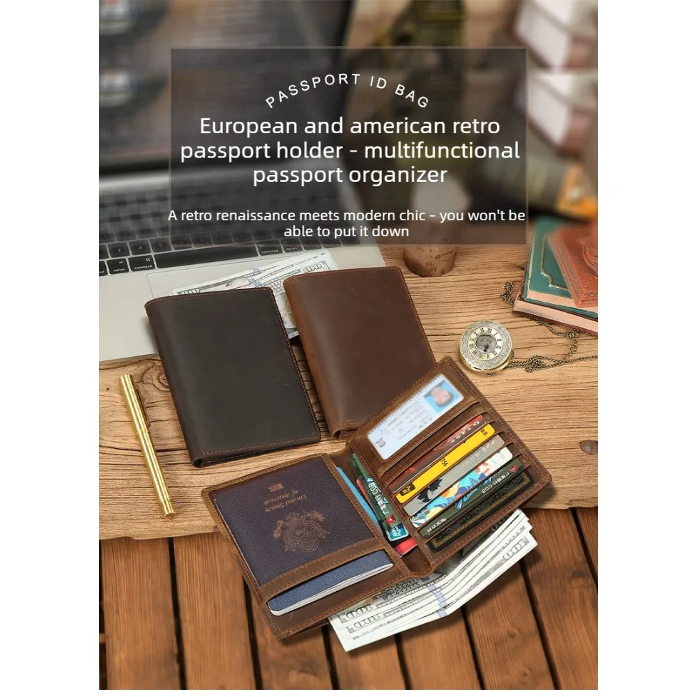 Leather Passport Bag, Simple Retro Cowhide ID Bag, Clutch Bag, Multi-functional Large-capacity Wallet Storage Bag