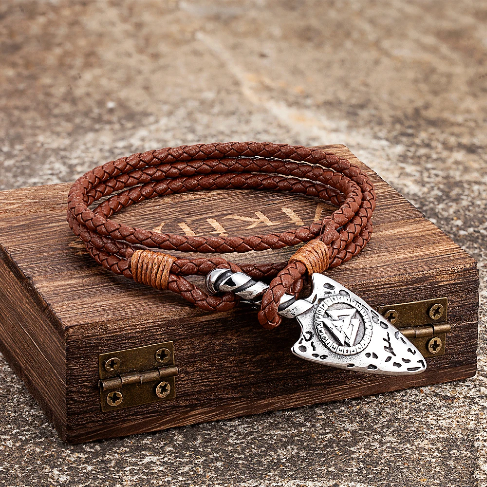 Viking Shield Thor's Hammer Bracelet Men Stainless Steel Norse Triangle Spear Genuine Leather Wristband Vintage Handmade Jewelry