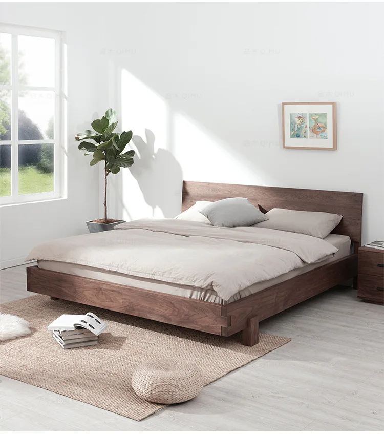 Tatami bed solid wood walnut Nordic solid wood bed master bedroom log wedding  light luxury modern simple double bed