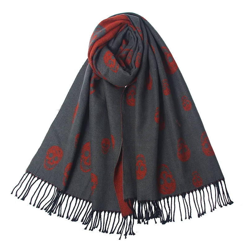 Novo design esqueleto cachecol unissex homem inverno quente cashmere toque xale com franja feminino borla crânio impressão envolve pashmina