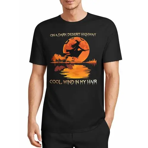 Desert Highway Lyrics Witch Full Moon Waterfront Silhouette Halloween Print Black T-Shirt