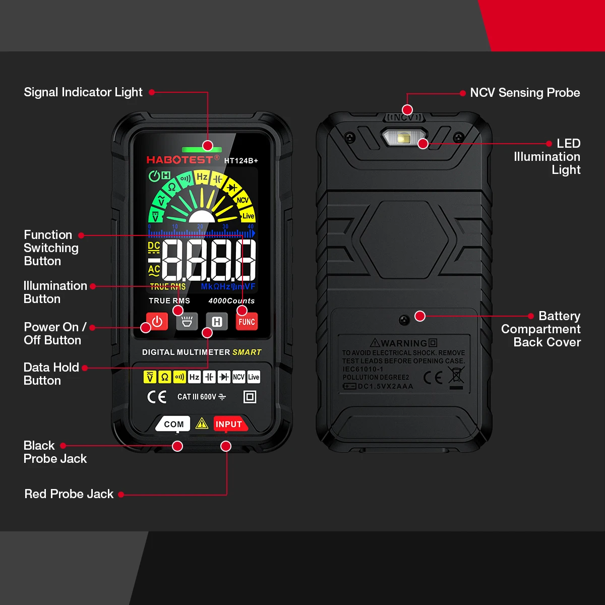 HABOTEST HT124 Series Digital Smart Multimeter 4000 Counts Auto Range Tester Ohm Hz Capacitance True RMS AC DC DMM Multitester