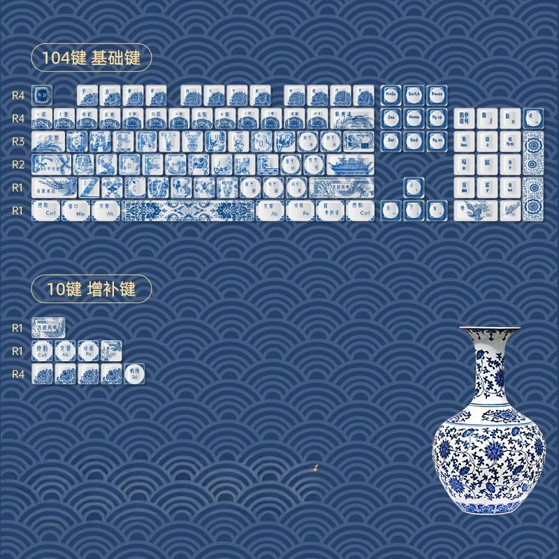 ECHOME Blue and White Porcelain Theme Keycap Set PBT Chinese Culture Keyboard Cap Cherry Profile KeyCap for Mechanical Keyboard