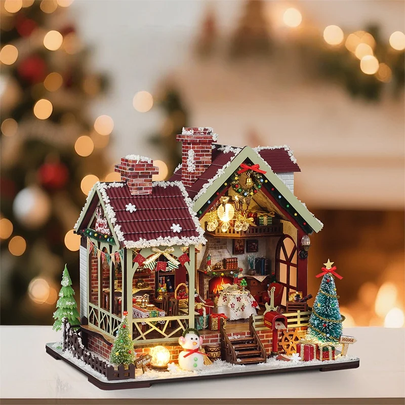 عشية عيد الميلاد Dream منزل مصغر DIY، مشهد كرة الثلج الخشبية ثلاثية الأبعاد مع أضواء، هدية العيد للبالغين #2