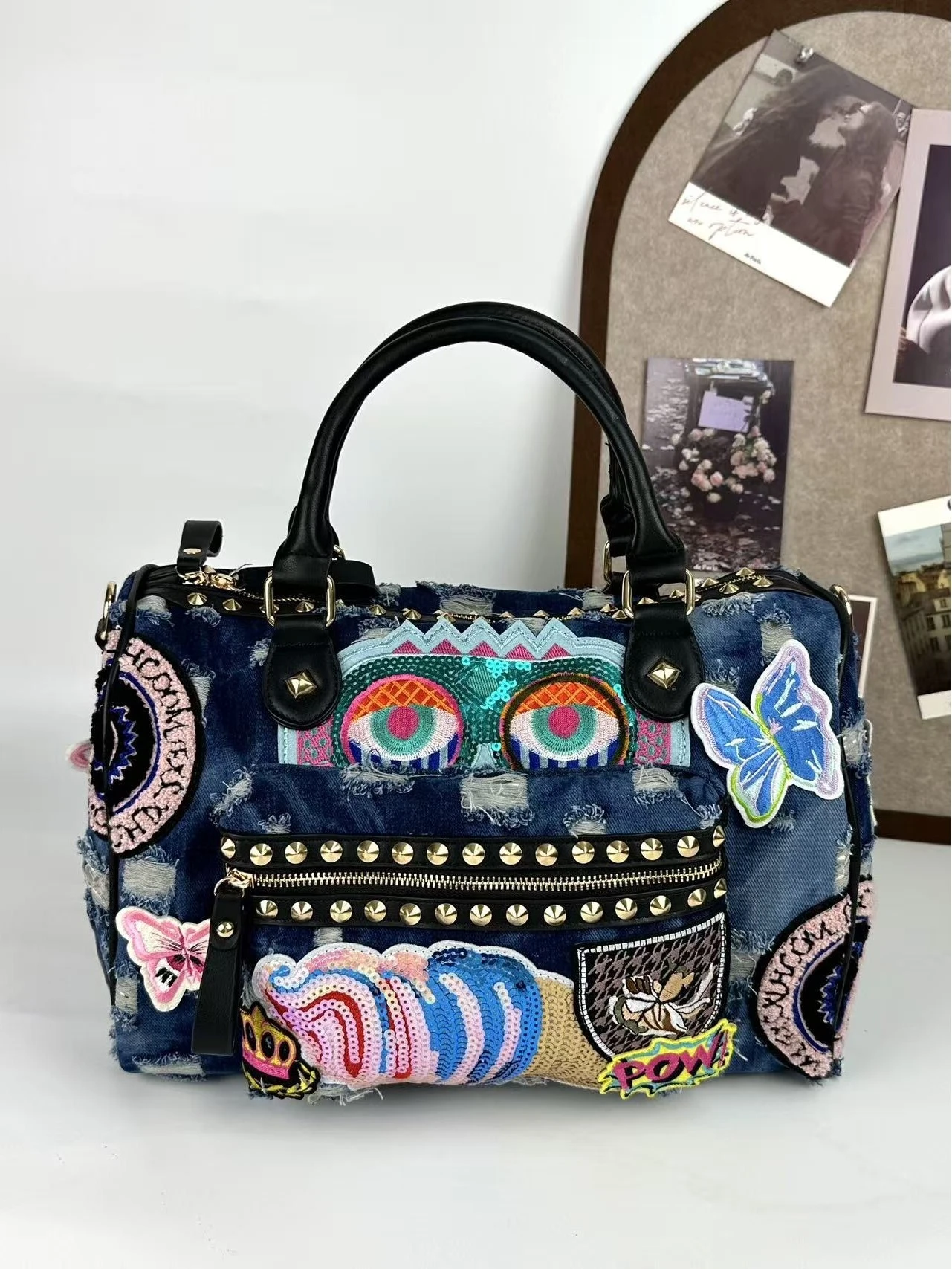 Fashionable Embroidered Denim Shoulder Bag Women's Handbag Trendy Satchel Crossbody Bag Single Strap Color Block Handheld Bag