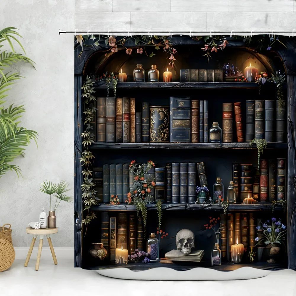 Vintage Library Shower Curtain Skull Candles Old Books Bookshelf Cat Plant Cartoon Home Polyester Fabric Bathroom Decor Curtains