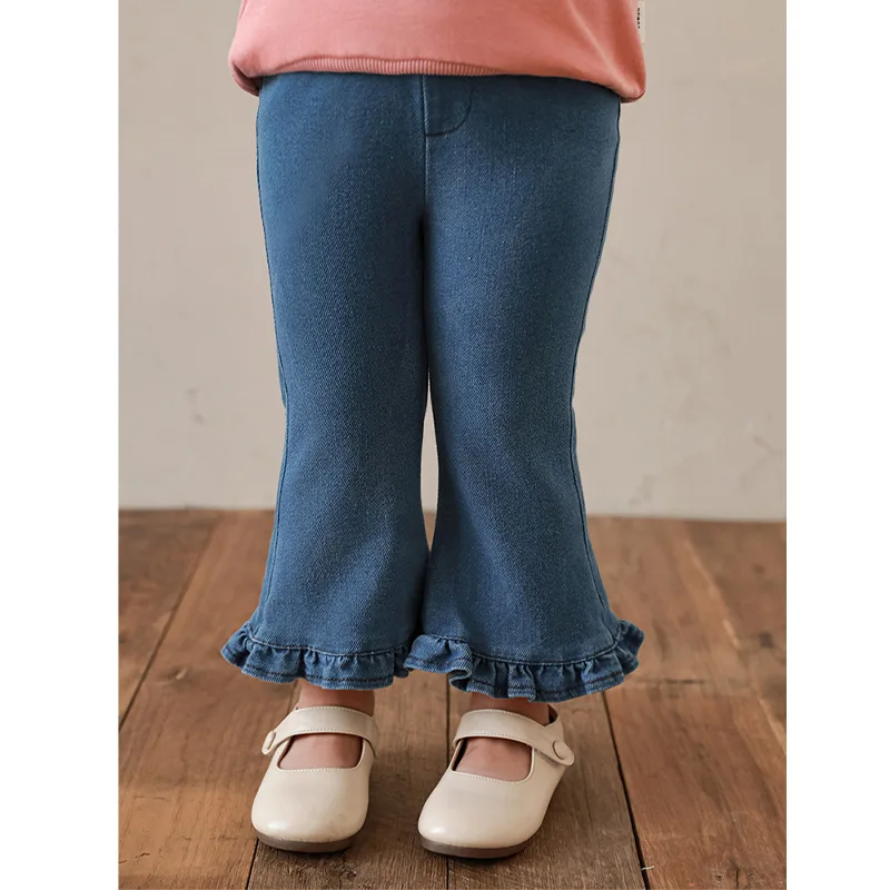 

Girls Lace Micro Flared Jeans 2024 Spring New Children's Korean Solid Color Pants