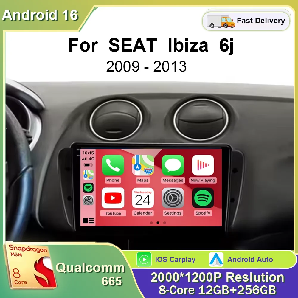 Reproductor Multimedia para Auto Android 16 de 9 Pulgadas para SEAT Ibiza 6j 2009 2010 2011 2012 2013 con Carplay Inalámbrico, Android Auto, 4G Wifi y QLED