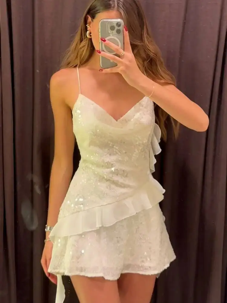 Elegante branco vestidos de lantejoulas feminino 2025 halter pescoço sem costas vestidos em camadas plissado com decote em v sem mangas verão festa vestido de baile