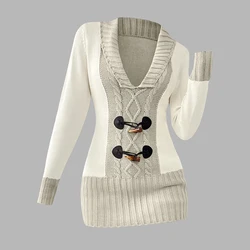 2025 Women's Sweaters Tops Contrast Color Mock Horn Button Plunge Neck Casual Sweater Pullover Top