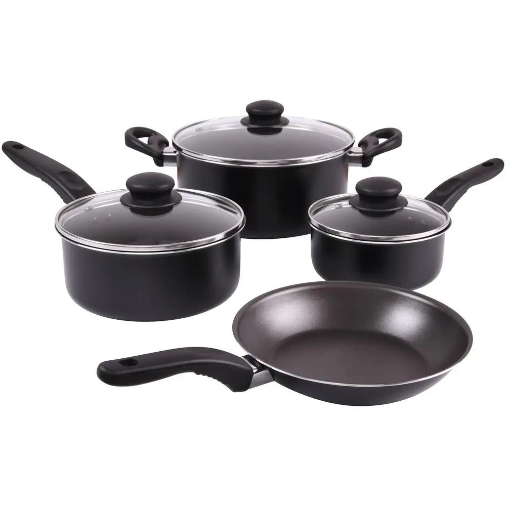 7-Piece Nonstick Aluminum Cookware Set with Lids Black Saute Pan Included Beginner-Friendly Dishwasher Safe Lightweight Design