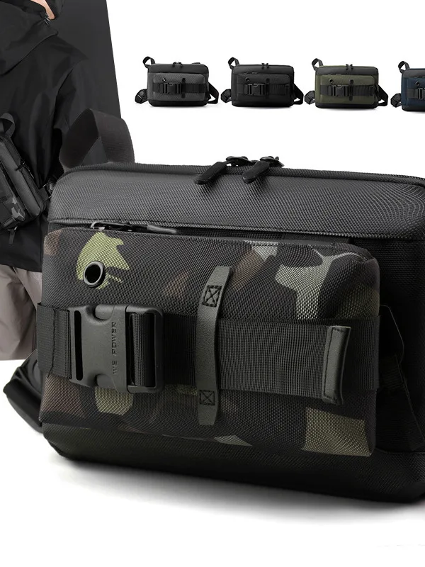 新しいメンズタクティカルチェストバッグ迷彩スポーツクロスボディバッグ多機能ショルダーバッグレジャージッパー開閉ナイロン素材