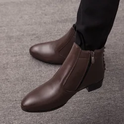 Botas clásicas de cuero puntiagudas para hombre, botines formales de tacón bajo, color marrón, talla grande 47, 2023