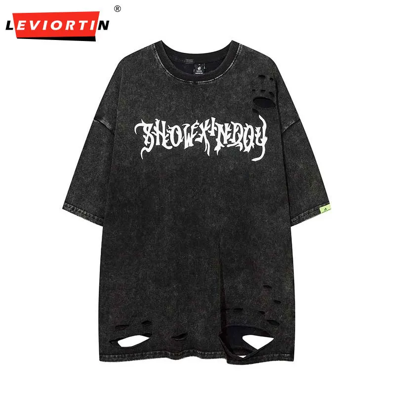 

Hole Hem Ripped Short Sleeve Summer Tees Men's Streetwear Round Neck Oversized Casual Tshirts Cotton Y2K Hip Hop Tank Tops