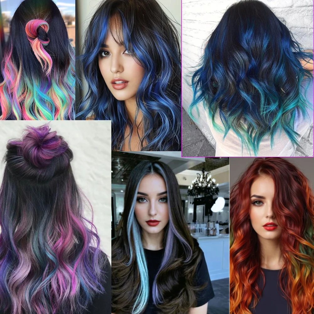 20 Zoll bunte lockige gewellte Party-Highlights zum Anklipsen, synthetische Haarteile, 8er-Pack lockige farbige Haarverlängerungen für Frauen