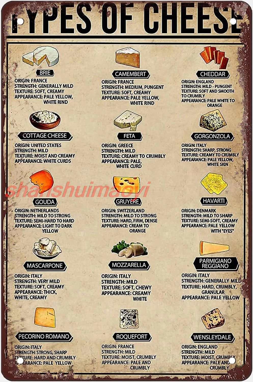 shan n Signs Types Of Cheese Print Metal Sign Cheese Knowledge Vintage Retro Posters Wall Art Decor Kitchen Restaurant Ba 1pc