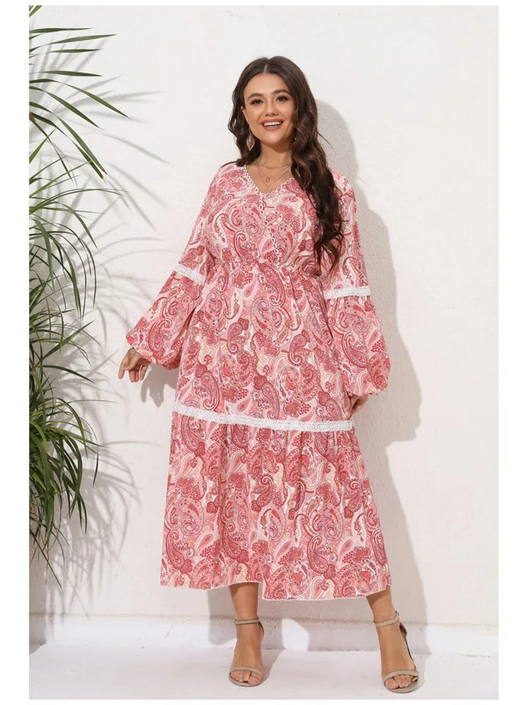 Imagem -06 - Vestido Longo Floral Estampado em Flores Feminino Tamanho Grande Tamanho Grande Plissado Modis Plissado Patchwork em Renda Vestidos com Decote em v Feminino Outono 2023