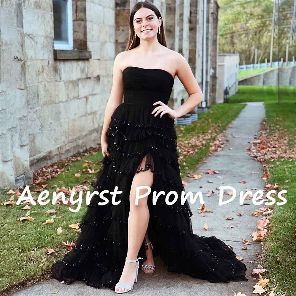 Aenyrst-vestido de noche negro sin tirantes para mujer, traje de graduación con lentejuelas escalonadas, abertura lateral, largo hasta el suelo, fiesta de cumpleaños