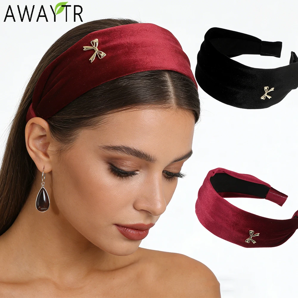 

AWAYTR Large Velvet Gilded Bow Headbands Fashion Fabric Wide Edge Headband Plastic Hair Accessories For Women Trends