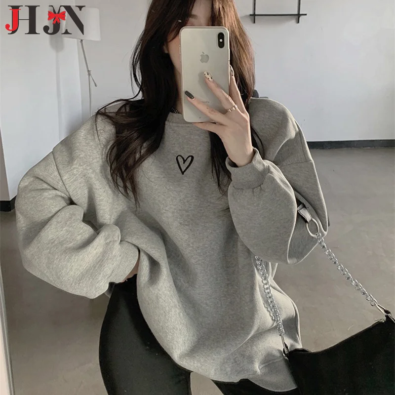 JHJN Adding velvet and thickening camping outdoors Round neck hoodie for women Loose long sleeves Student Love Top