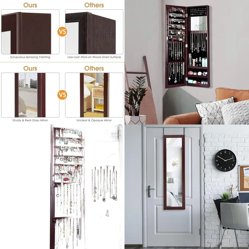 Brown Wall-Mounted Jewelry Armoire with Full-Length and Inside Makeup Mirrors, Large Storage for Women and Girls