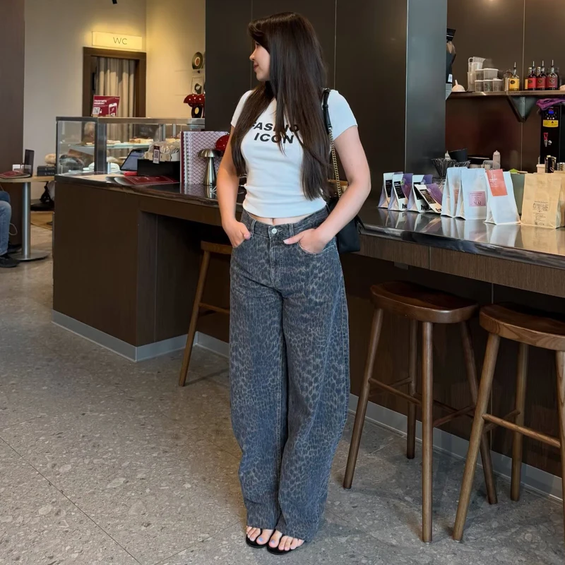 Damenhose mit Leopardenmuster, Damenjeans mit mittlerer Bundhöhe, braune, Vintage-Jeans mit weitem Bein für Damen, lässige Jeanshose, Streetwear. – Detail 4