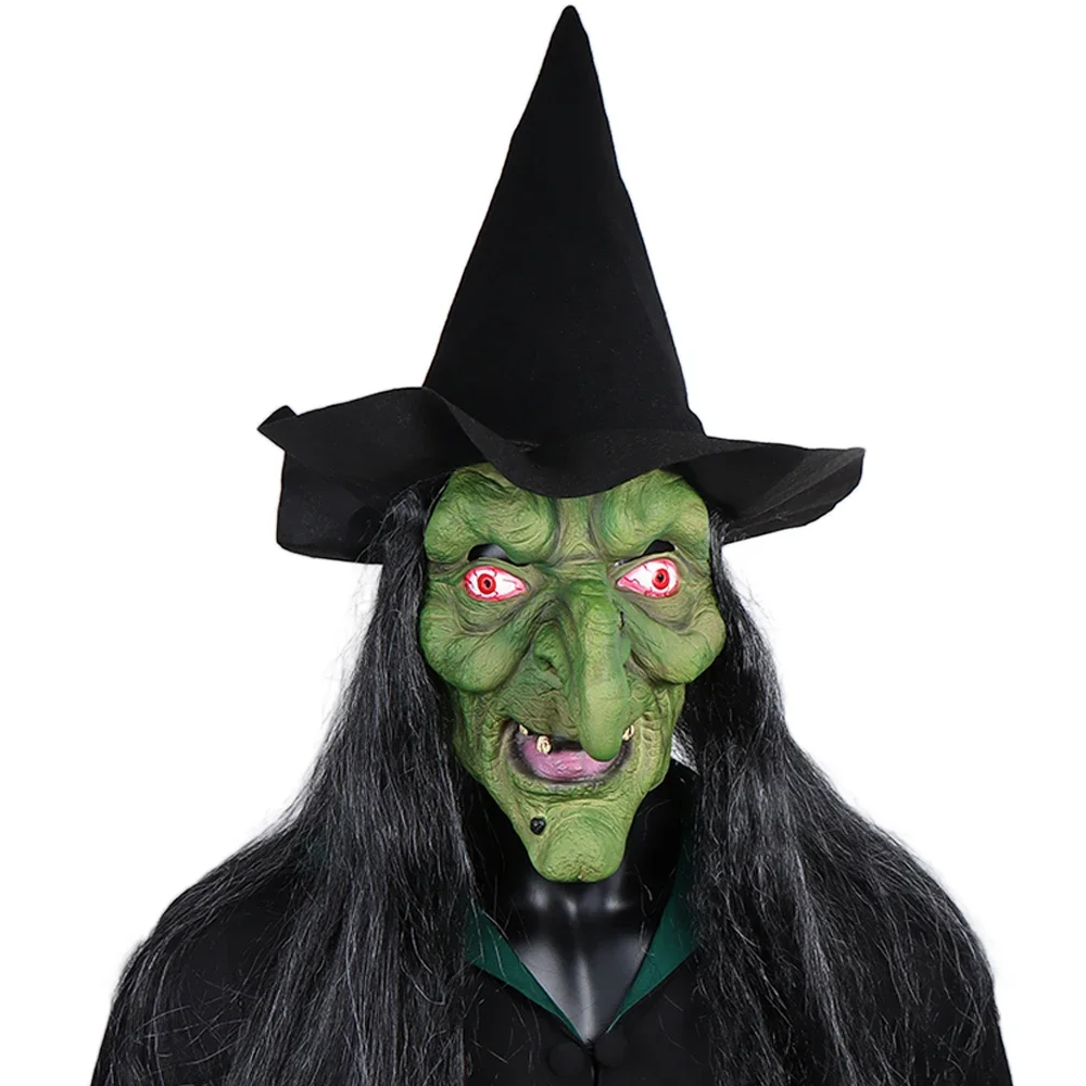 

Halloween Horror Old Witch Mask with Hat Cosplay Scary Clown Hag Latex Masks Green Face Big Nose Old Women Costume Party Props