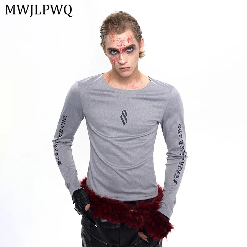 

MWJLPWQ Готический дизайн с буквенным принтом, черные футболки с длинными рукавами, мужские уличные осенние нишевые мужские футболки с круглым вырезом, базовый топ Tide 11355