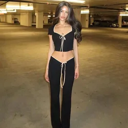 Fashionable and Sexy Solid Color Women's Summer New Short Top Bow Tie Low Waist Long Pants Two piece Set High Street Style