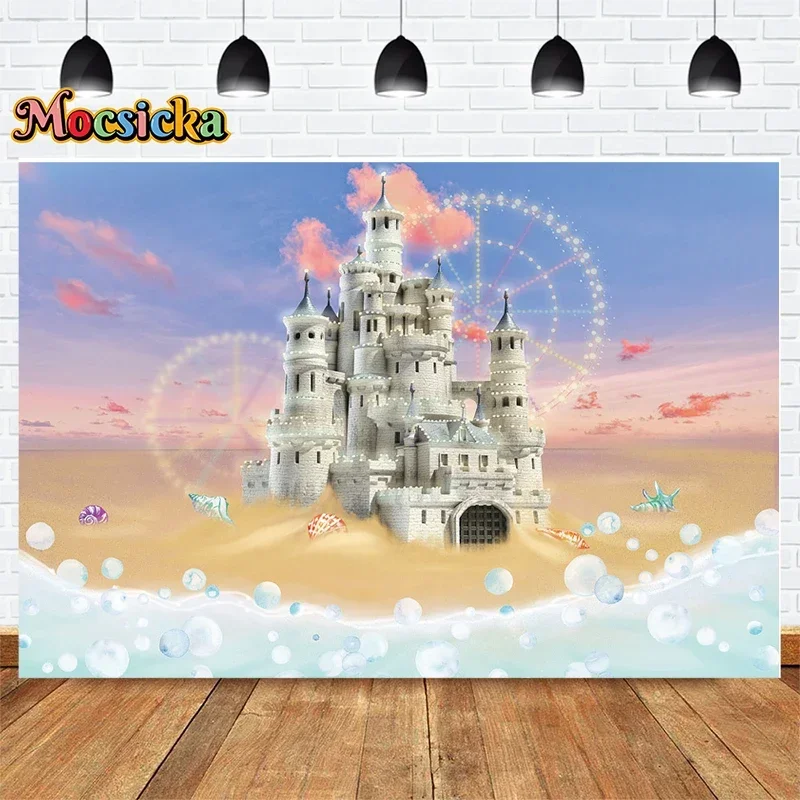 

Mocsicka Girl Princess Photography Background Birthday Party Backdrop Castle Bubble Beach Cake Smash Banner Decor Studio Props