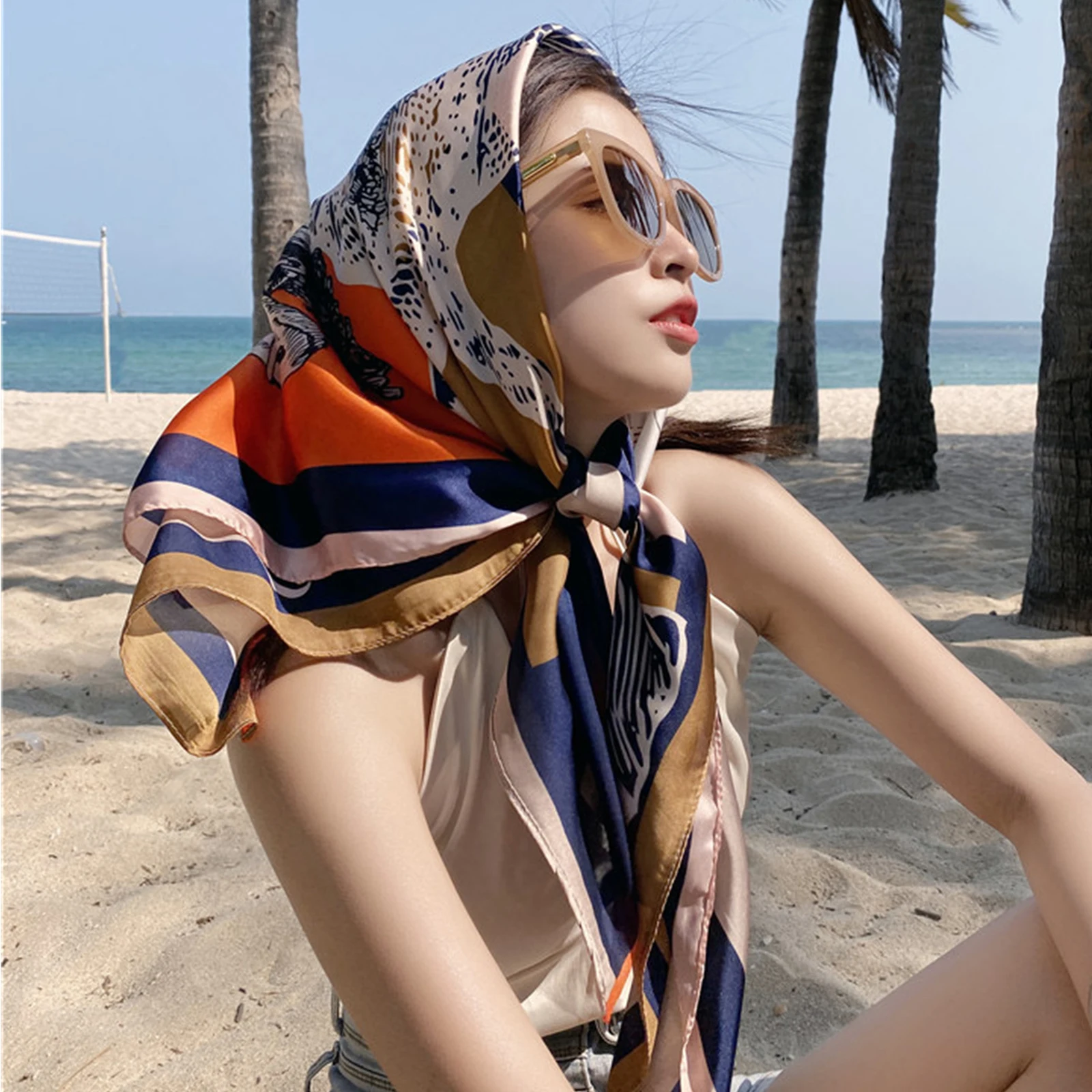 90x90cm Square Silk Scarf for Women Satin Hijab Handkerchief Printed Female Square Head Bandana Small Silk Hair Band Scarf Bag