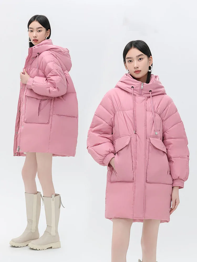 Chaquetas de plumón de longitud media para mujer, abrigo cálido informal holgado con capucha y cordón, moda con bolsillos grandes, Parkas gruesas de