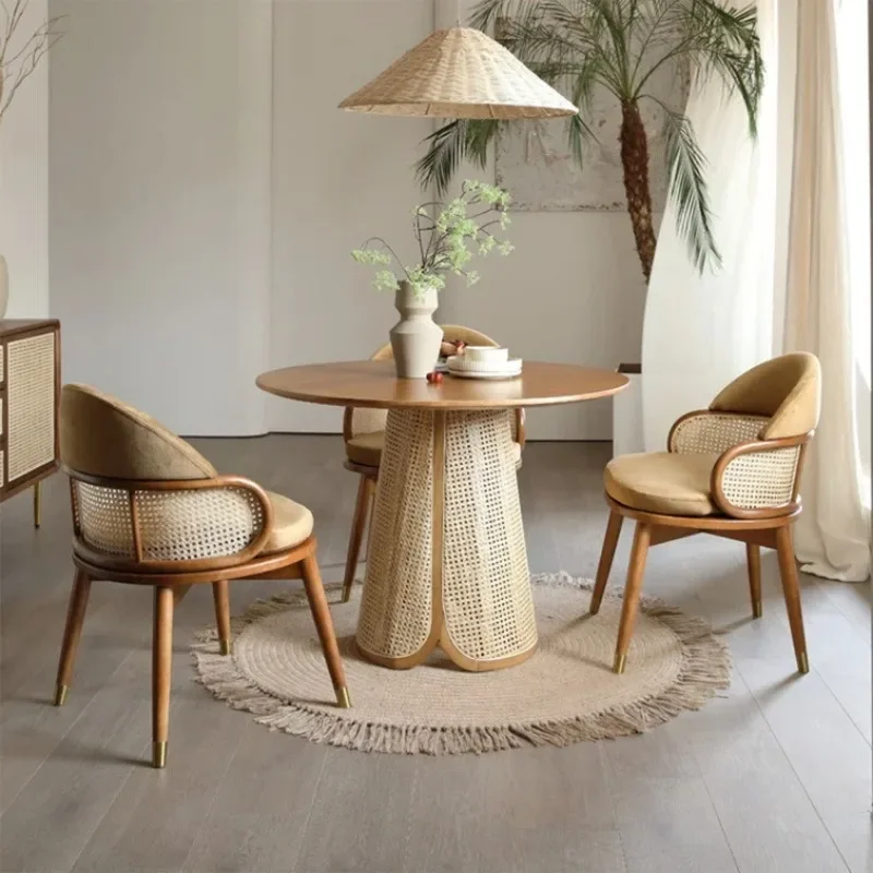 Dining room furniture Nordic traditional solid wood dining table and chairs Natural rattan  chairs Household round table