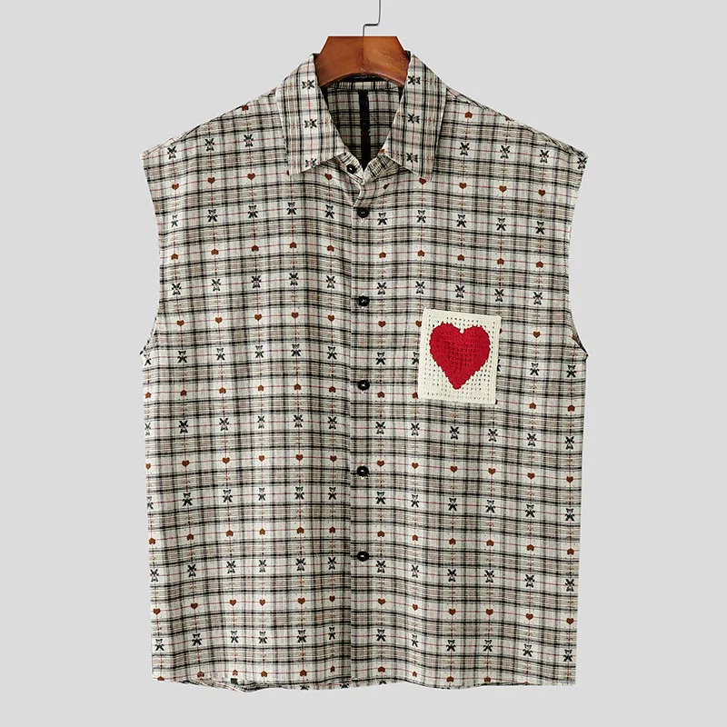 

INCERUN Men Shirt Plaid Patchwork Lapel Sleeveless Loose Male Shirts Summer Cotton Steetwear 2025 Casual Men Clothing Vacation