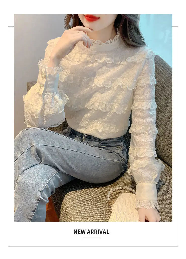 New Autumn and Winter Lace and Plush Thick Half High Neck Warm Bottom Shirt for Women Stylish and Stylish Interior Small Shirt