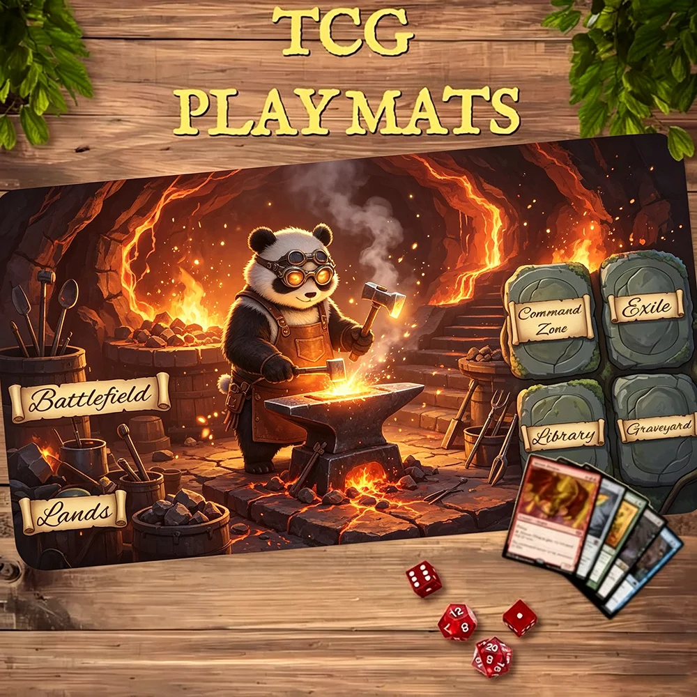 Cute Blacksmith Panda MTG Playmat With Game Zones Non-Slip Stitched Edge 35X60CM Commander TCG Card Battle Mat Tapete Magic MTG