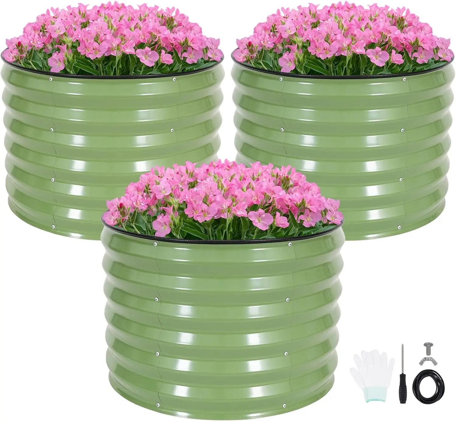Kit de 3 Macetas Redondas Galvanizadas Elevadas para Jardín, 2x2x1.4 pies, para Vegetales, Frutas, Hierbas y Flores en Verde Oliva