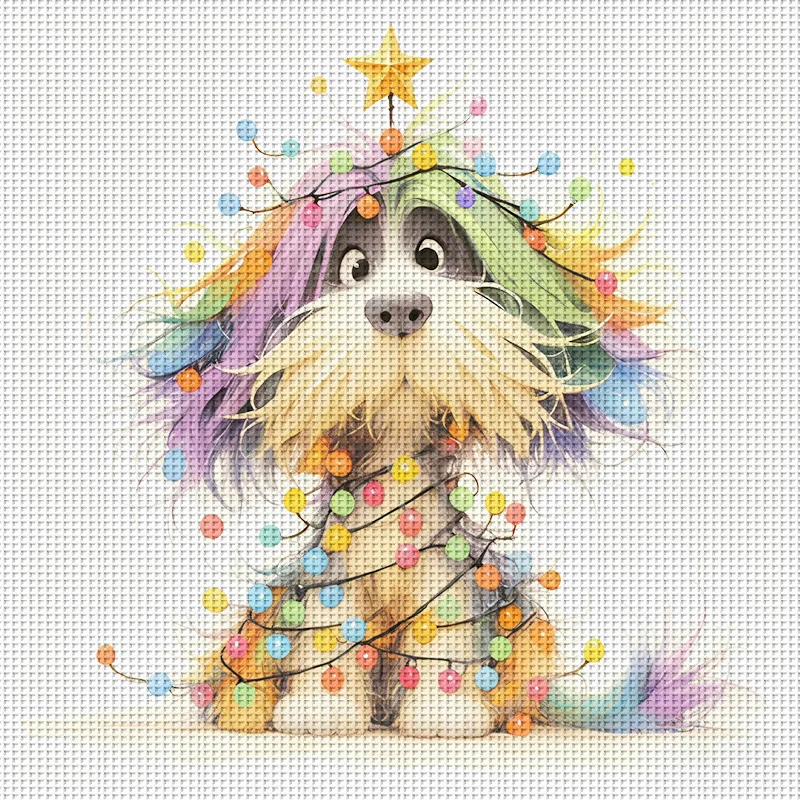 1 Stück 46x46cm/18,11x18,11 Zoll, 11CT Druck-Kreuzstich-DIY-Set, Hund mit Lichtern, Entspanntes Kreuzstich-Set für Erwachsene Anfänger