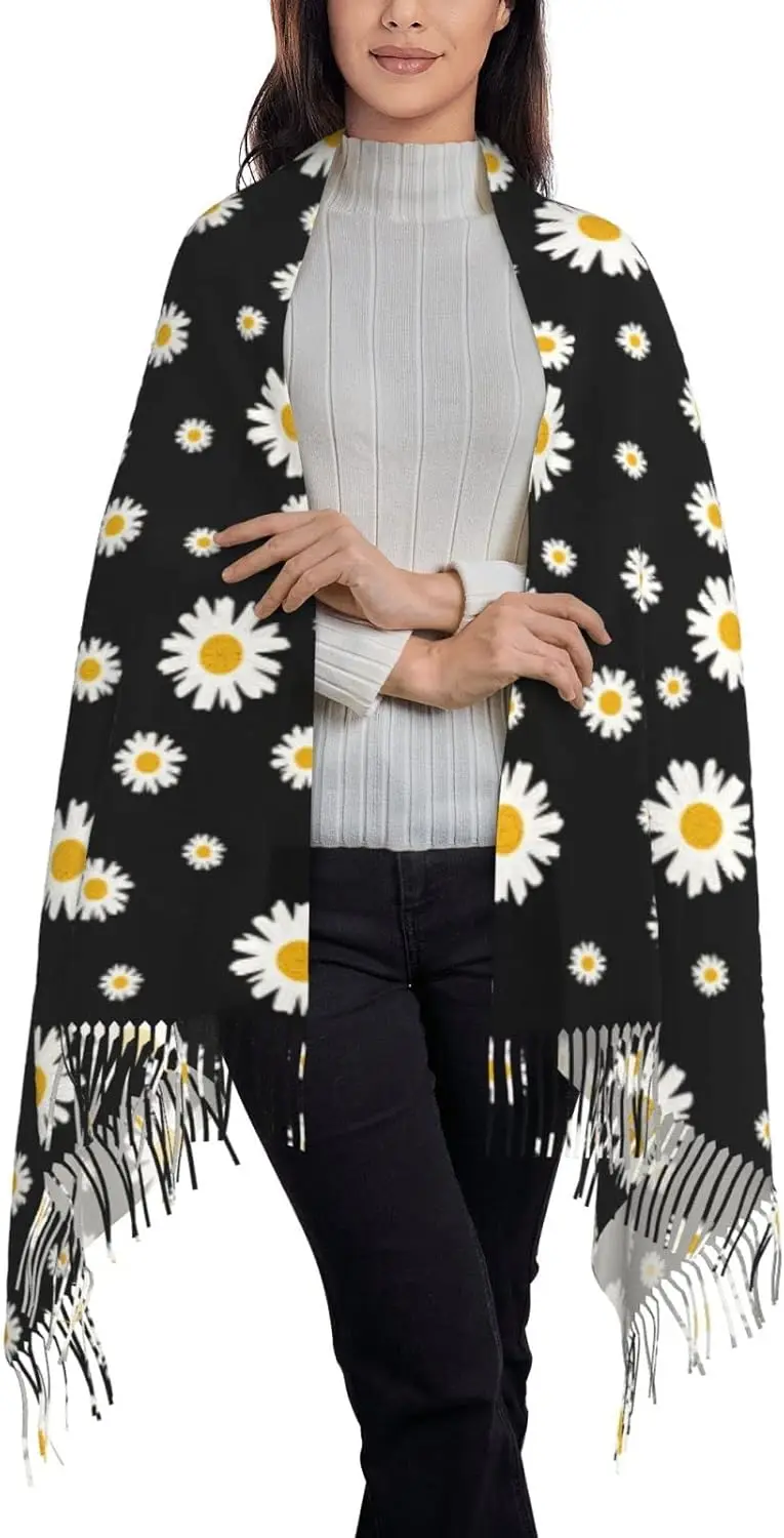 White Yellow Daisy Flower Black Scarf Long Shawl Wraps Pashmina for Women Girls with Tassels Soft Warm Cozy