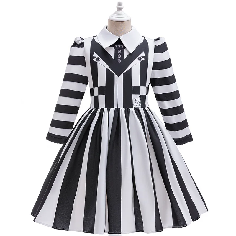 2024 New Children\'s Clothing Halloween Dressing Girl\'s Dress Cosplay Ghost Same Stripe Long sleeved Top Strap Dress