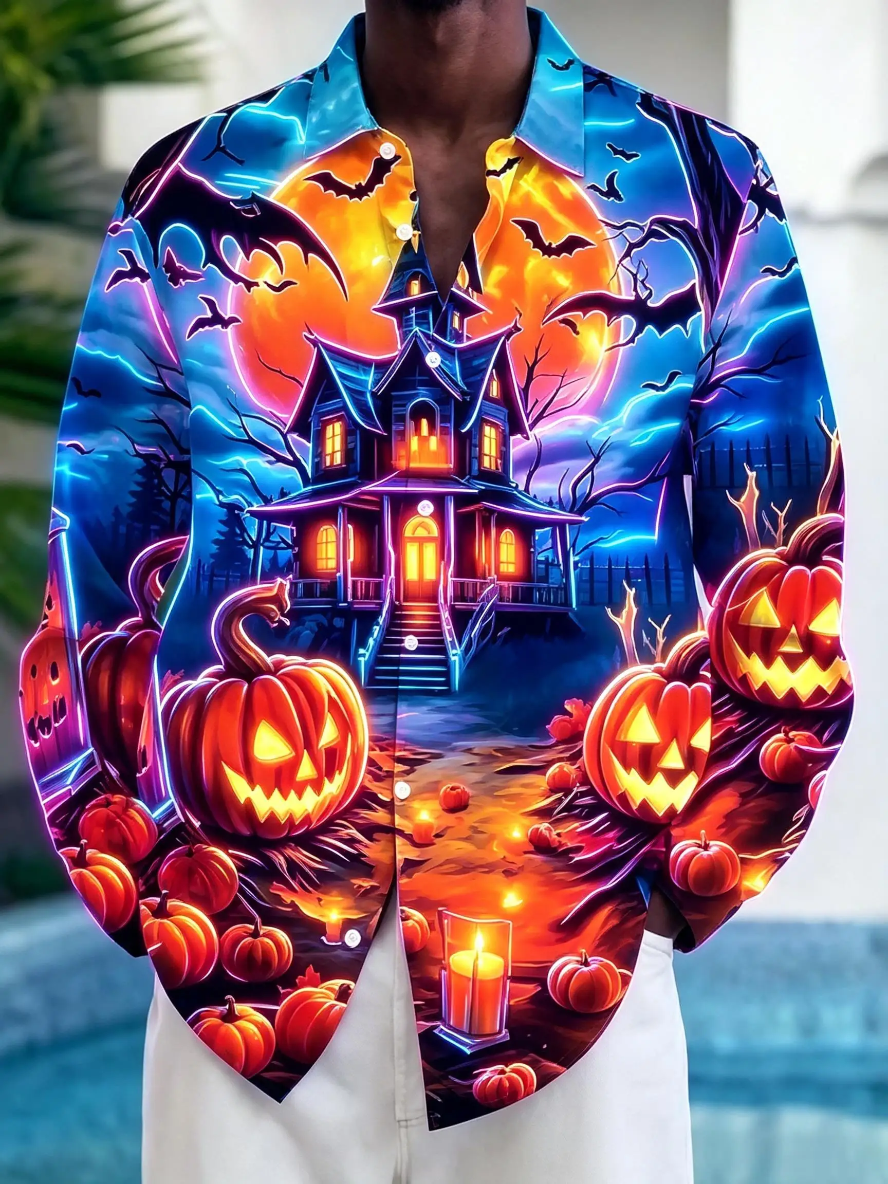 2026 Men's Shirt Halloween Haunted House Pumpkin Bat Print Long Sleeve Lapel New Festive Party Night Out Casual Mens Clothing