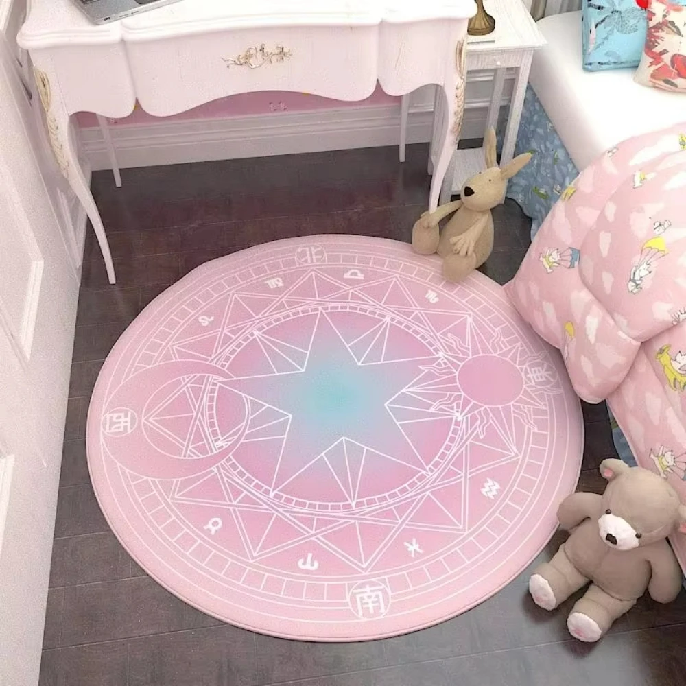 Pastel Pink & Lavender Magic Symbol Round Doormat for Dress-up Corner Zodiac & Sun Moon Print Durable Floor Accent