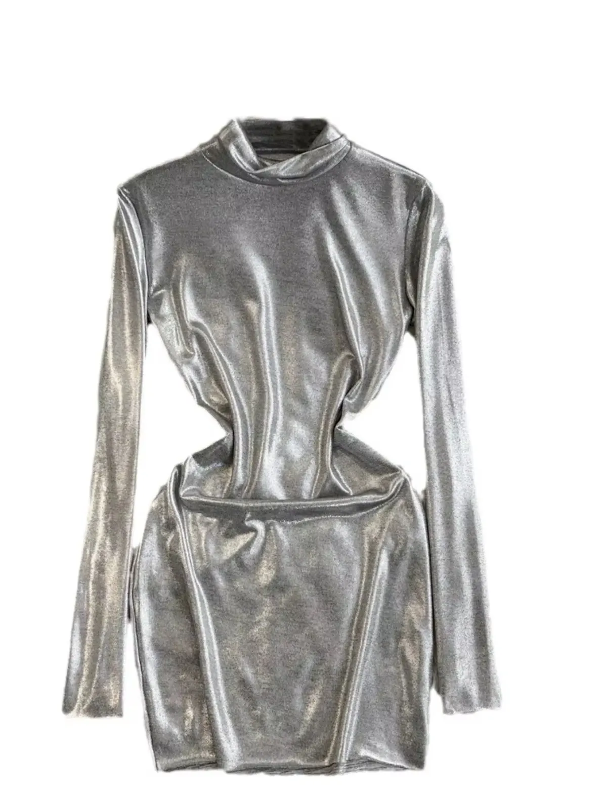 2025 Spring Summer New Silver Metallic Dress Women Cut Out Slim Mock Neck Long Sleeve Party Club Stage Edgy Mini Dress