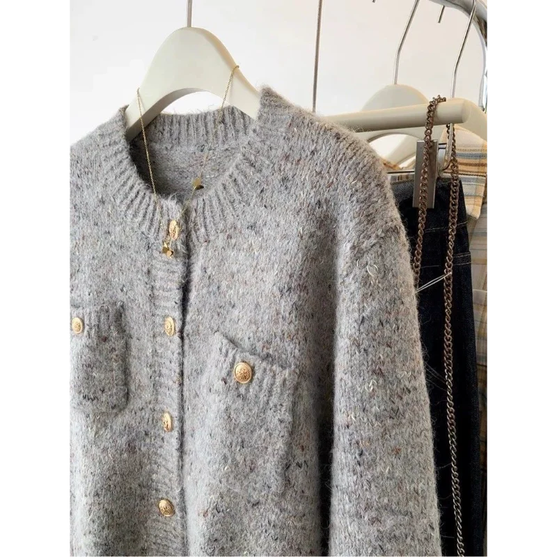 Women's Gray Knitted Cardigan Spring Autumn New Style Lazy Style Outer Wear Fashion High End Sweater Coat Top