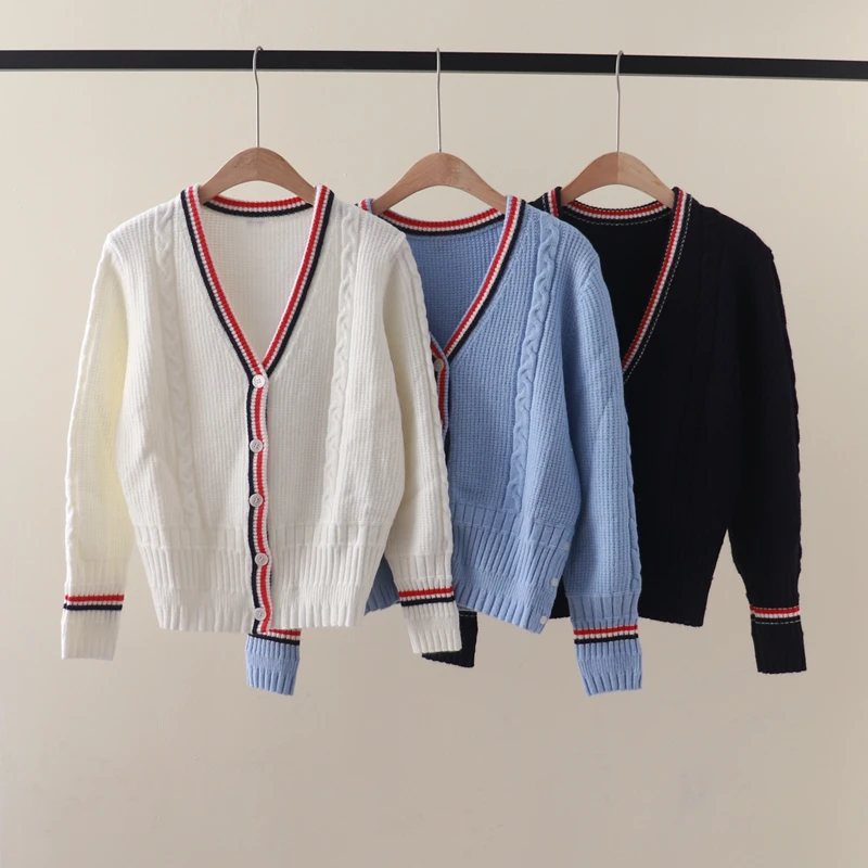 

Autumn and winter new tb college style contrast color V-neck Fried Dough Twists long sleeve knitting cardigan top loose sweater